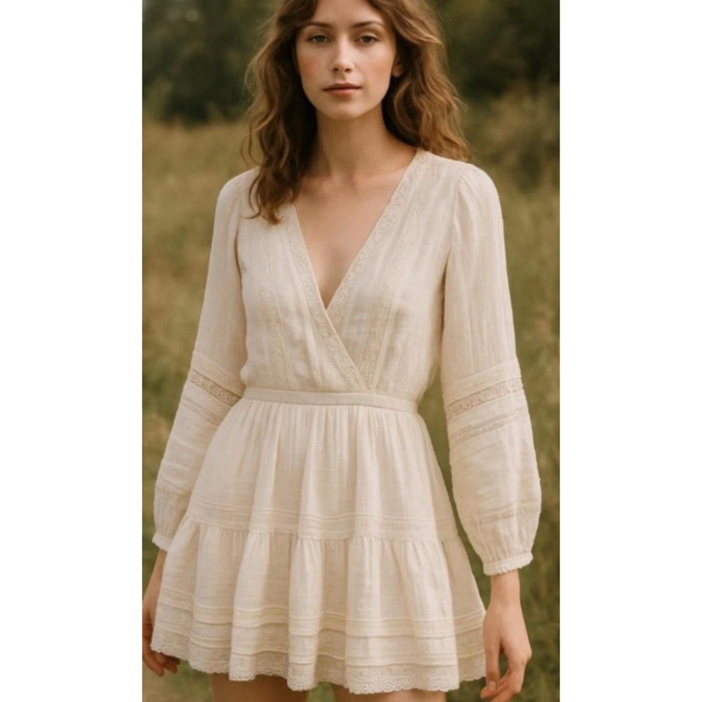 American Eagle Cream Tiered Mini Dress V-Neck Lace Trim Long Puff Sleeve Boho L